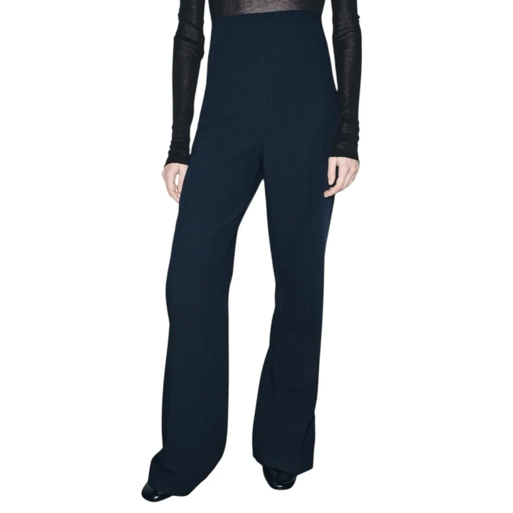 Zara Navy Blue High Waisted Wide Flare Leg Crepe Pants Size Small - Image 2