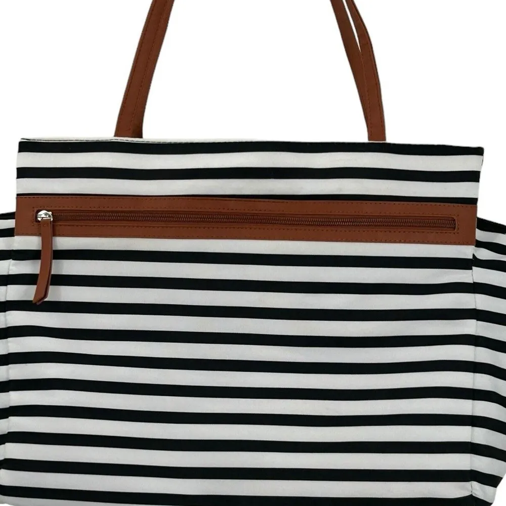 DSW Exclusive-Striped Overnighter Large Tote Bag Black White Canvas Strap Pocket - Image 8
