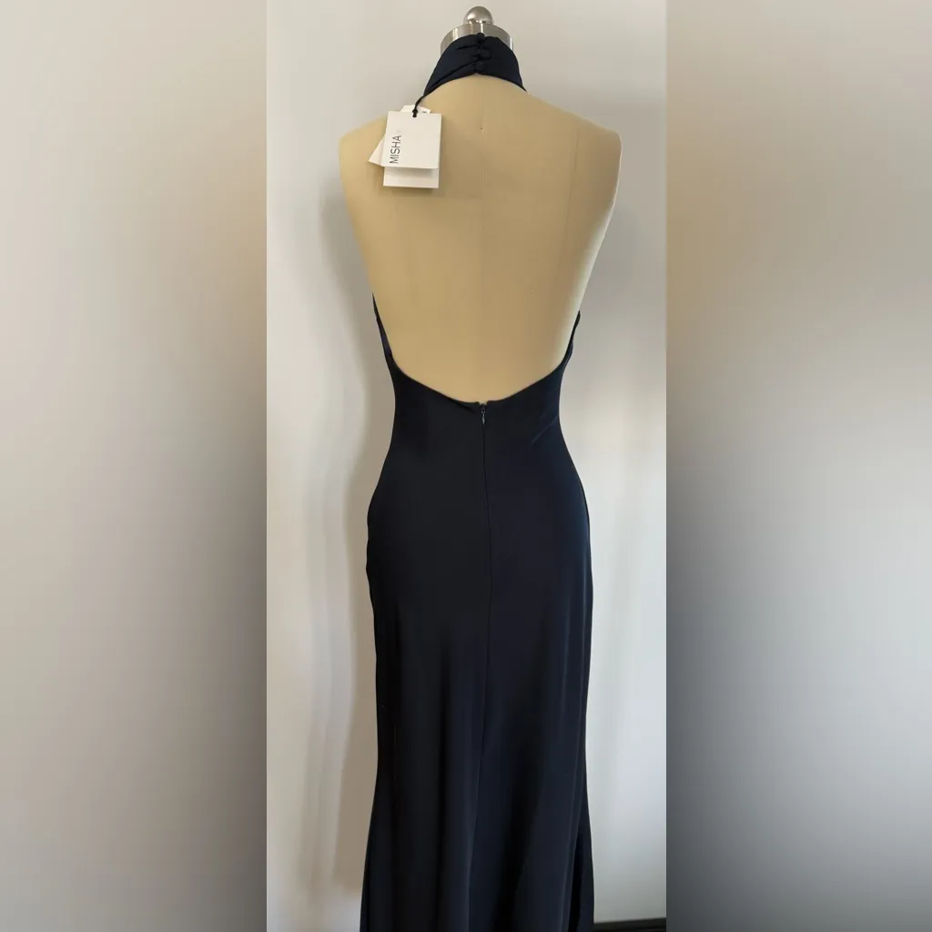 NWT Misha Evianna Halter Neck Satin Trumpet
Gown‎ Navy Small $467 Blue - Image 5