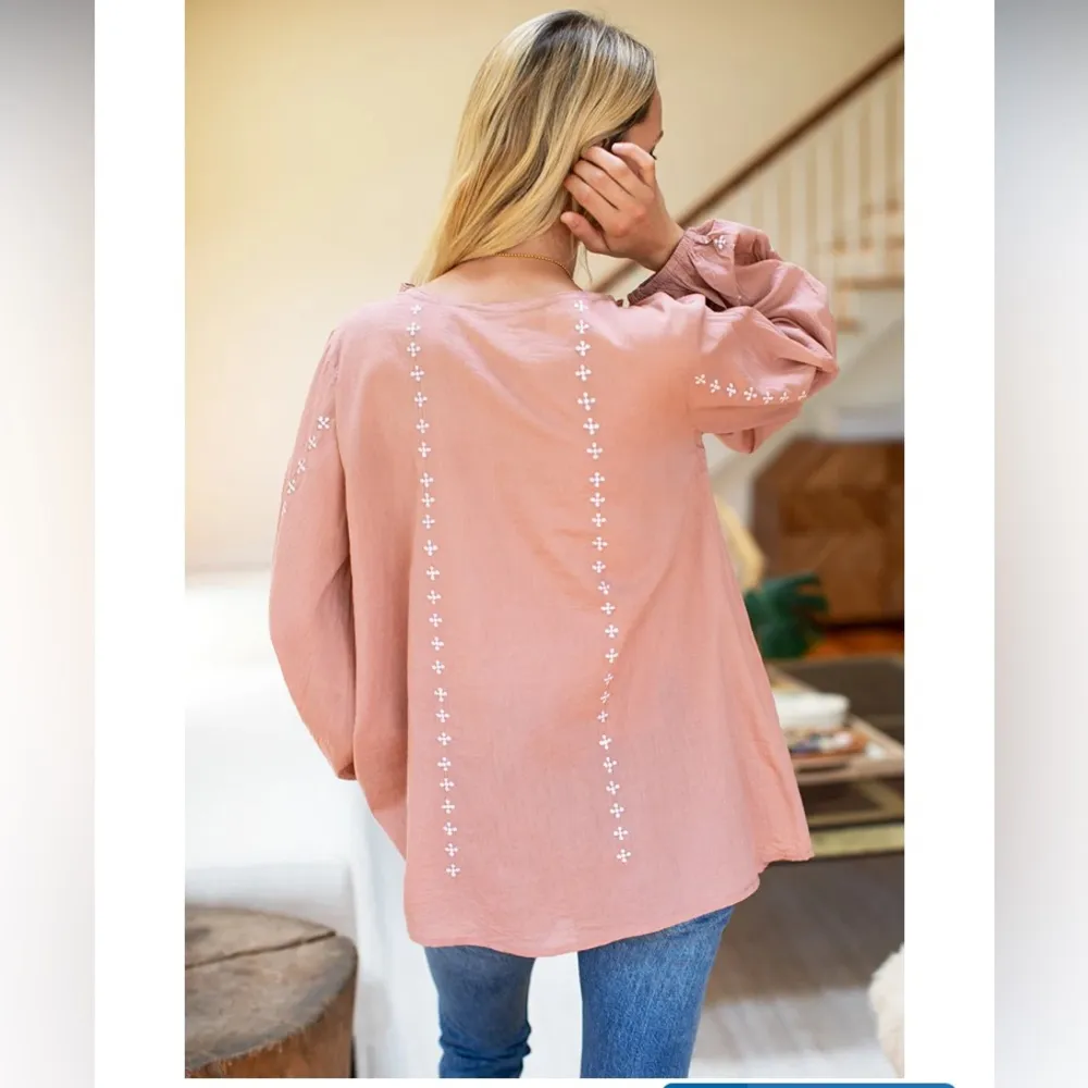 Emerson Fry India Collection Bardot boho sheer rose embroidered top. Size XS Pink - Image 2