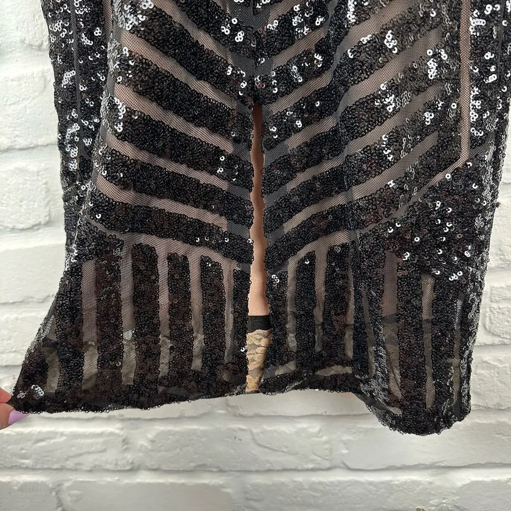 Dress the Population Emery Sequin Dress Long Sleeve Stretch Midi Sheath Black XS - Image 8