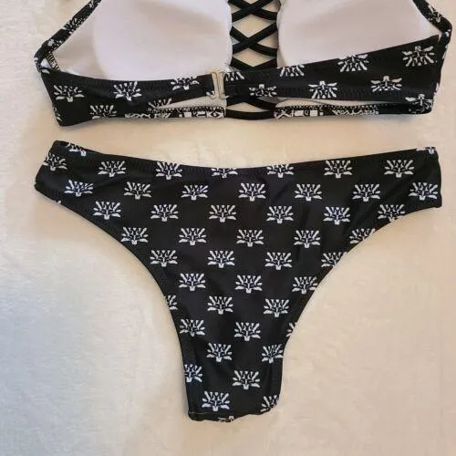 Apparel Womens S Two Piece Halter Criss Cross Blue White Floral Bikini Swimsuit Black - Image 7