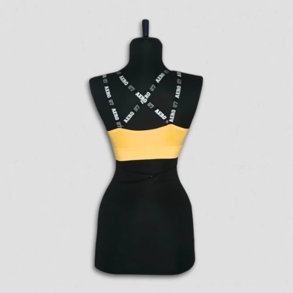 Aero Sports Bra Yellow and Black Criss Cross Back Small - Image 2