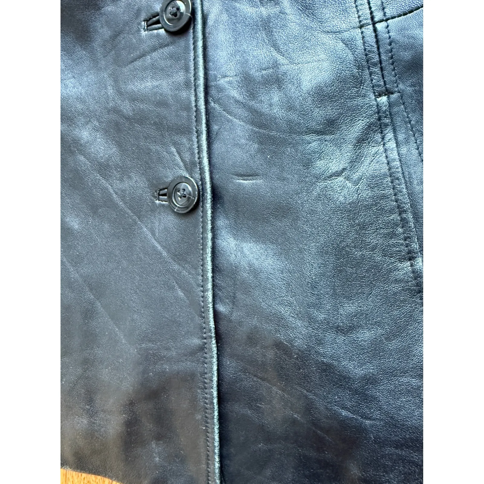 Vintage Ann Taylor Loft Women's Black Leather Button Front Blazer Jacket Size M - Image 7