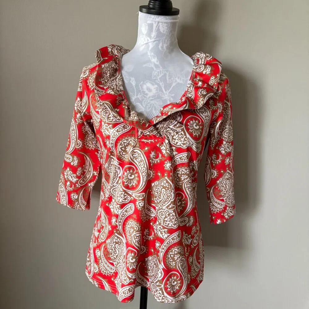 Gretchen Scott Stand Collar Ruffle Top Red Gold Blouse Size Medium Colorful - Image 2