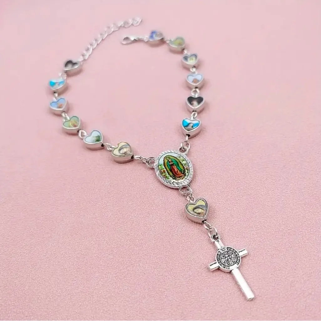 Lovely Heart Shaped Cross Pendant Rosary Bracelet, Virgin Charm Silver‎ Plated Silver - Image 7