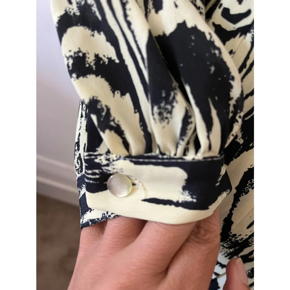 Vintage 80s yellow black brushstroke avante garde high neck ruffle button dress Size M - Image 7