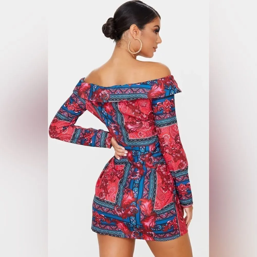 PrettyLittleThing Multi Paisley Bardot Knot Detail Blazer Dress NWT - Image 6