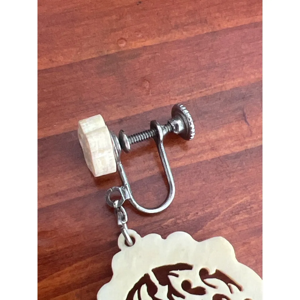 Vintage Carved Screw Back Clip On Earrings Filagree Flower 2.25" Estate 5.79g - Image 4