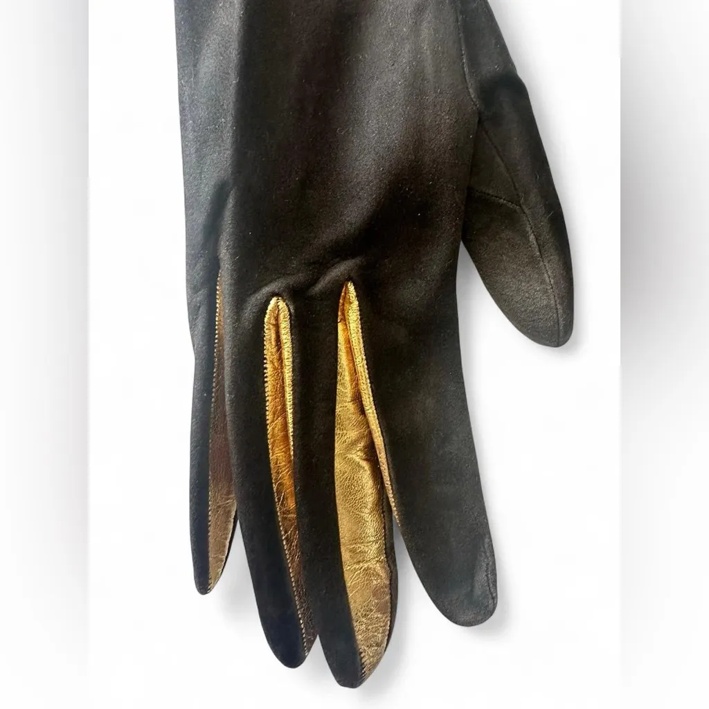 FREDDY PARIS VINTAGE LONG GLOVES BROWN SUEDE W GOLD LEATHER FINGER ACCENTS RARE - Image 7