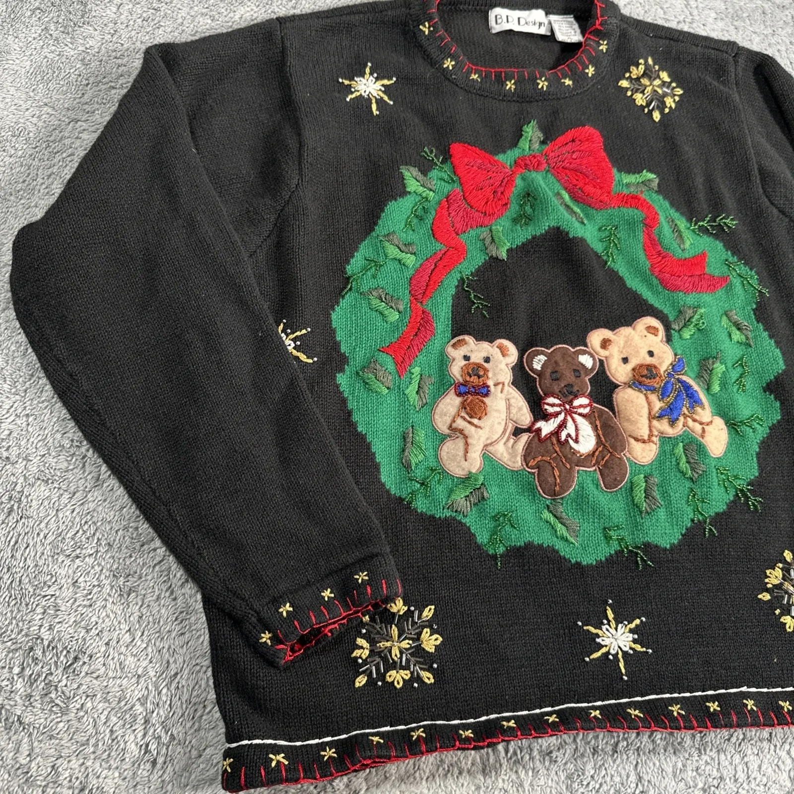 BP Design Sweater Women's SZ XL Applique Teddy Bears Embroidered Granny Core Black - Image 5