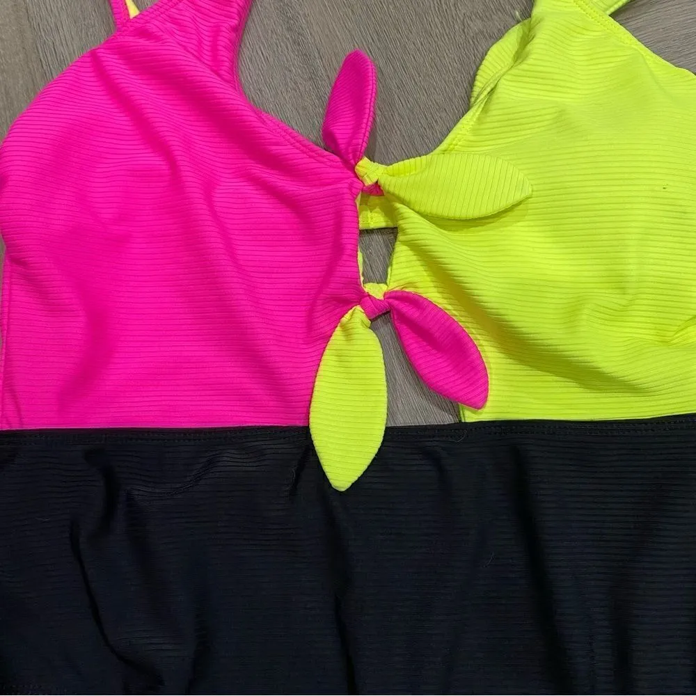 No Boundaries Neon Color Block cutout One-Piece Swimsuit Size L - Image 2