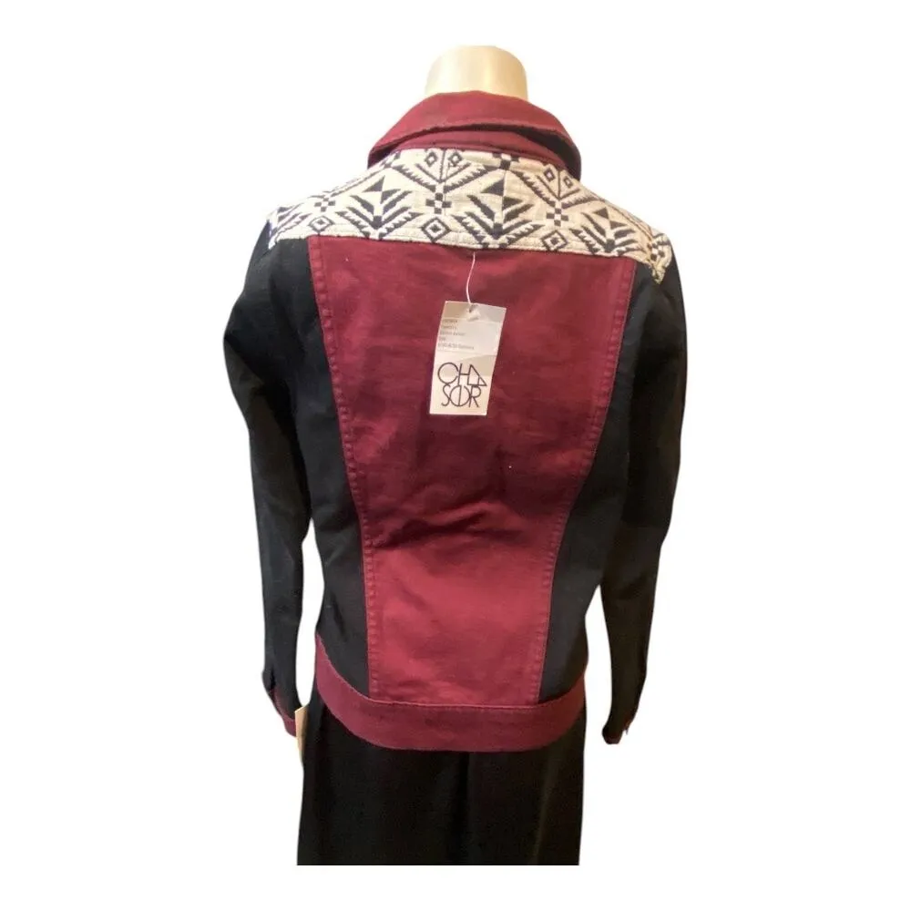 Chaser Women's M Tapestry Denim Jacket Black Cherry Red Southwestern Boho New - Image 7