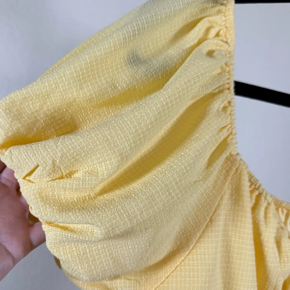 Romantic Cottagecore Yellow Smocked Waist Top Puff Sleeves Ruffle Peplum Large - Image 10