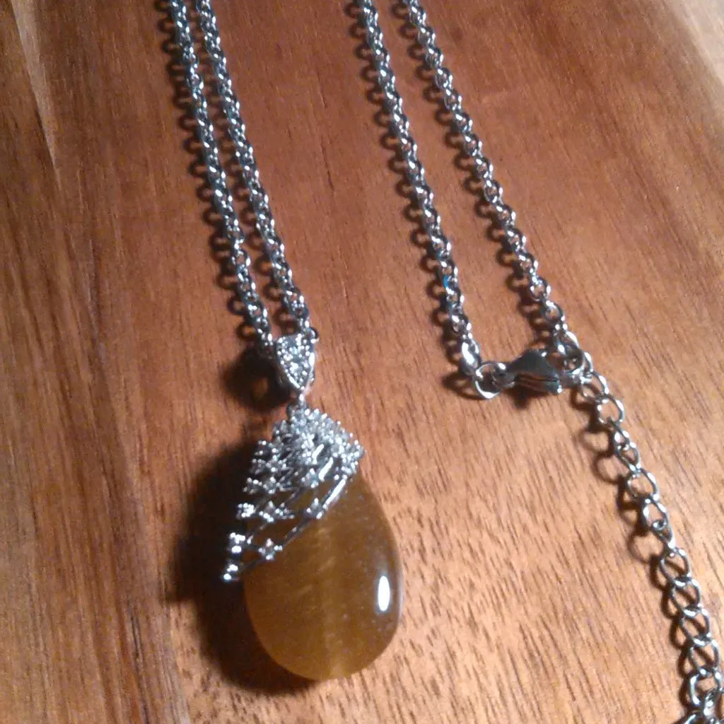 Netted Tiger's Eye and White Zircon Silvertone Pendant Stainless Steel Necklace - Image 2