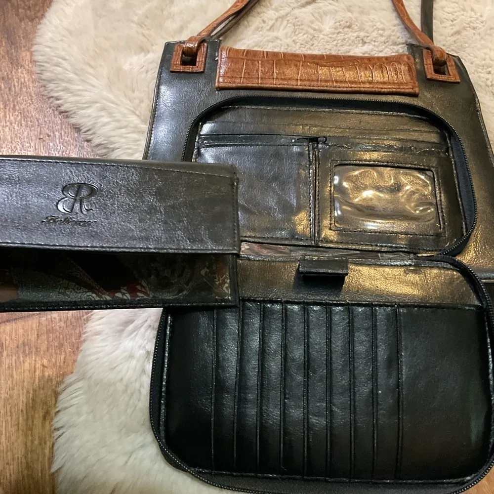 Vintage Bellerose Brown Croc Black Shoulder Bag Purse Wallet Attached Leather - Image 10