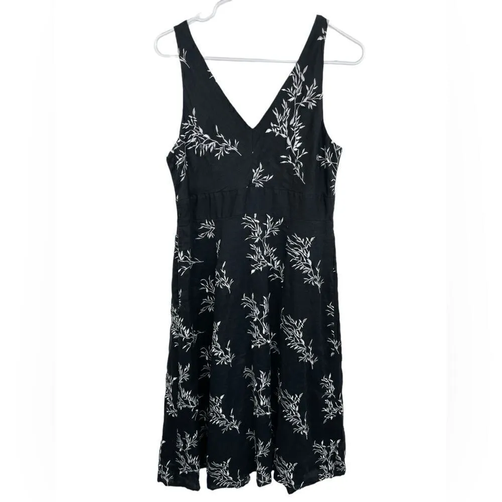 Peter Nygard Womens Fit &Flare Dress Black Floral Tie Waist V Neck Linen Medium - Image 2