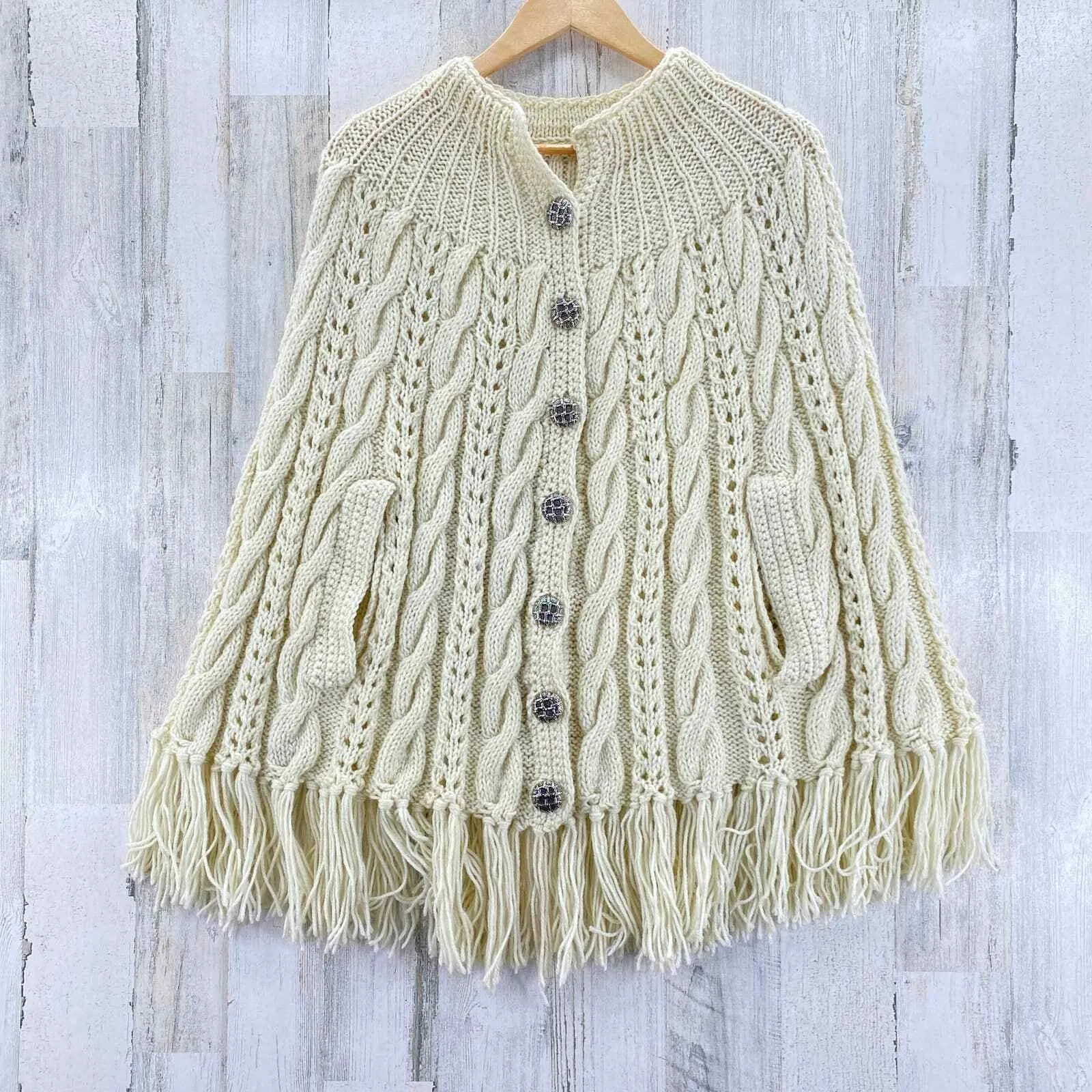Vintage 70s Cottagecore Folk Crochet Cable Knit Sweater Shawl Womens One Size Size undefined - Image 3