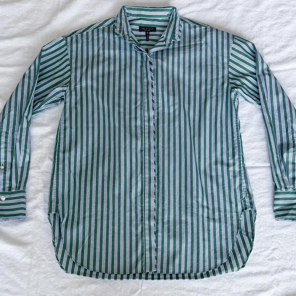 rag & bone Maxine Striped Button Down Shirt Size XS Green, White, & Navy EUC - Image 2