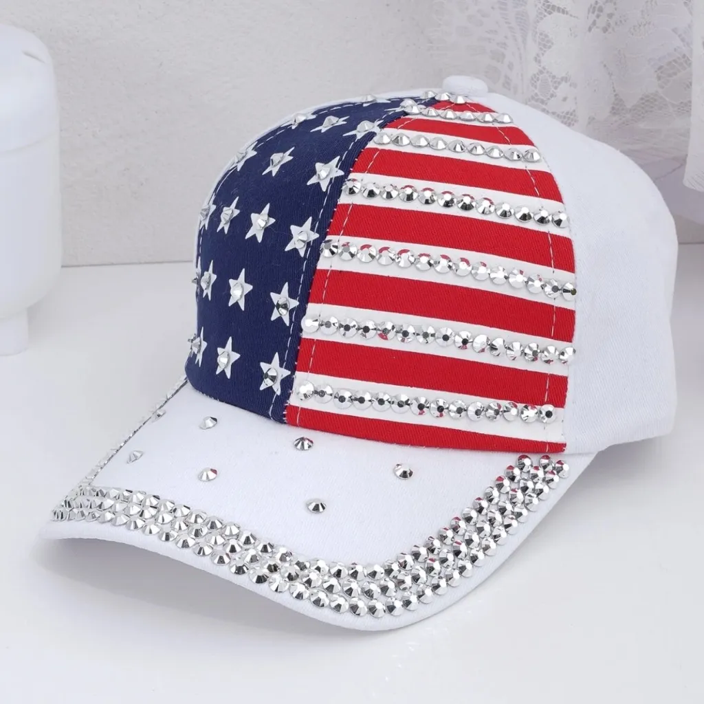 Womens USA Flag Bling Baseball Cap in White - Image 3