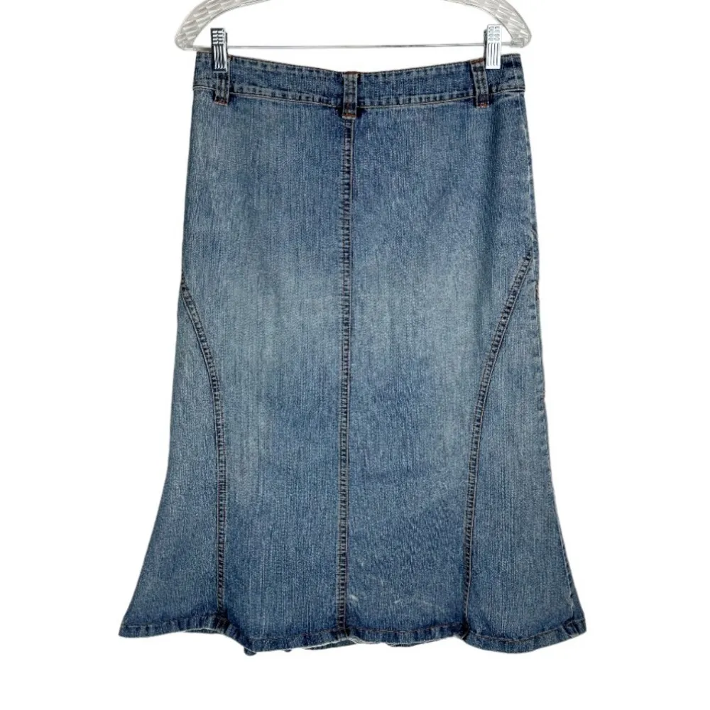 Y2K Denim Embellished Midi Skirt Sz 6 Flare Hem Blue - Image 2