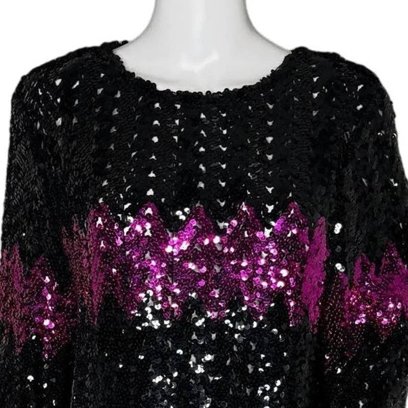 Vintage Sweater Womens 2X Black‎ Purple Allover Sequins Shimmer Zig Zag Party Black - Image 5