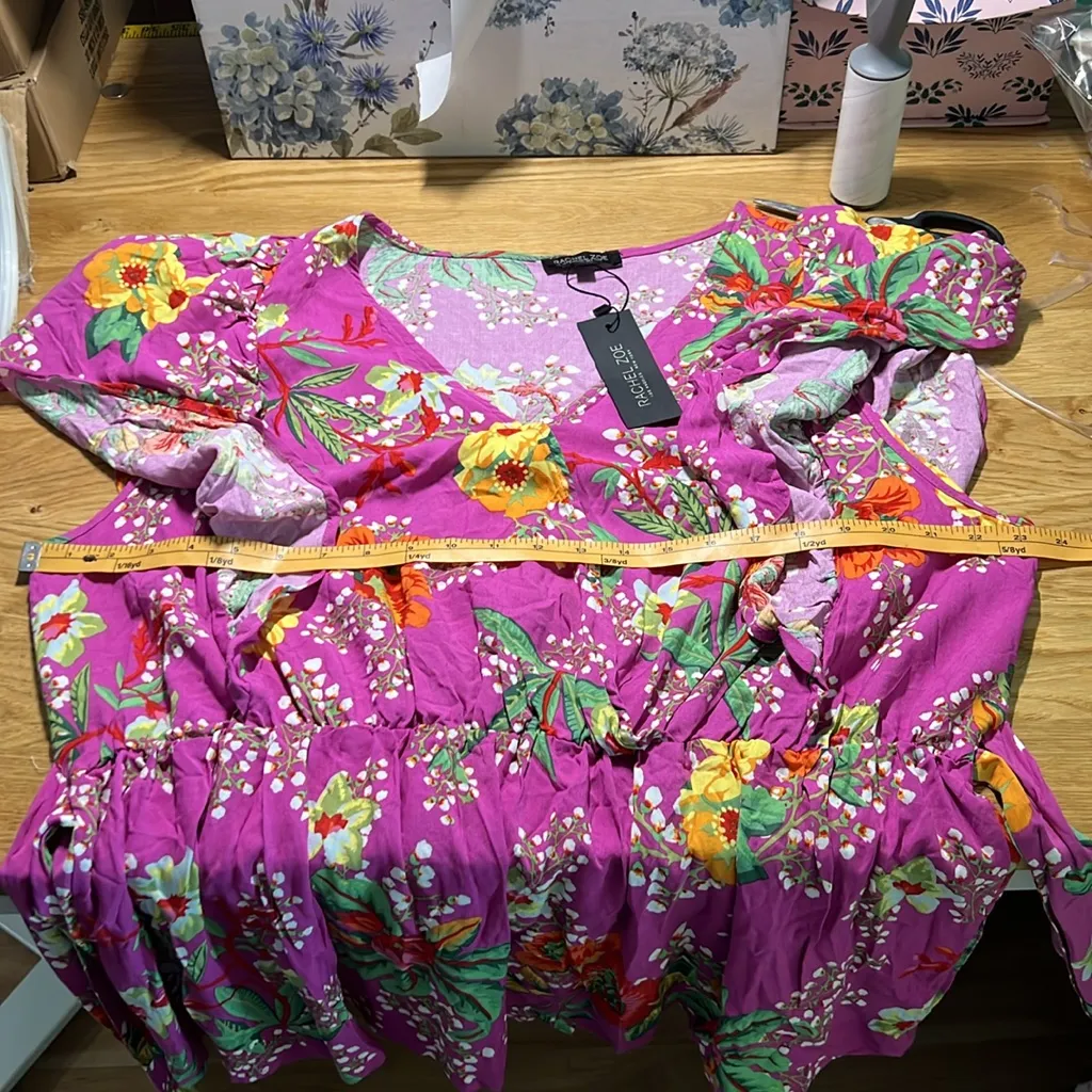 Rachel Zoe Floral Surplice V Neck Faux Wrap‎ Tie Waist Flutter Sleeve Blouse 2X - Image 14