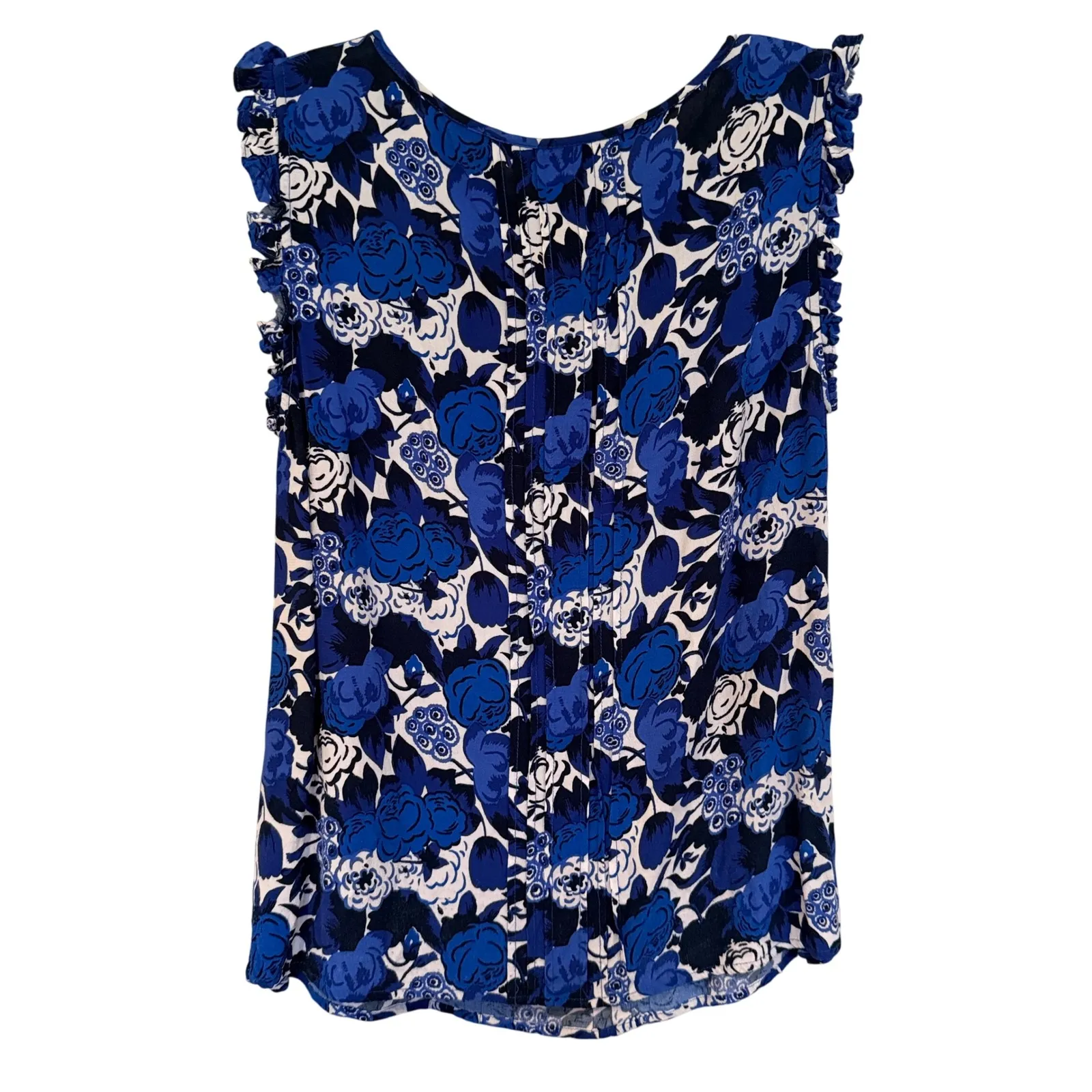 Boden Floral Ruffle Sleeveless Pleated Blouse Women's 6 Blue Career Feminine - Image 7