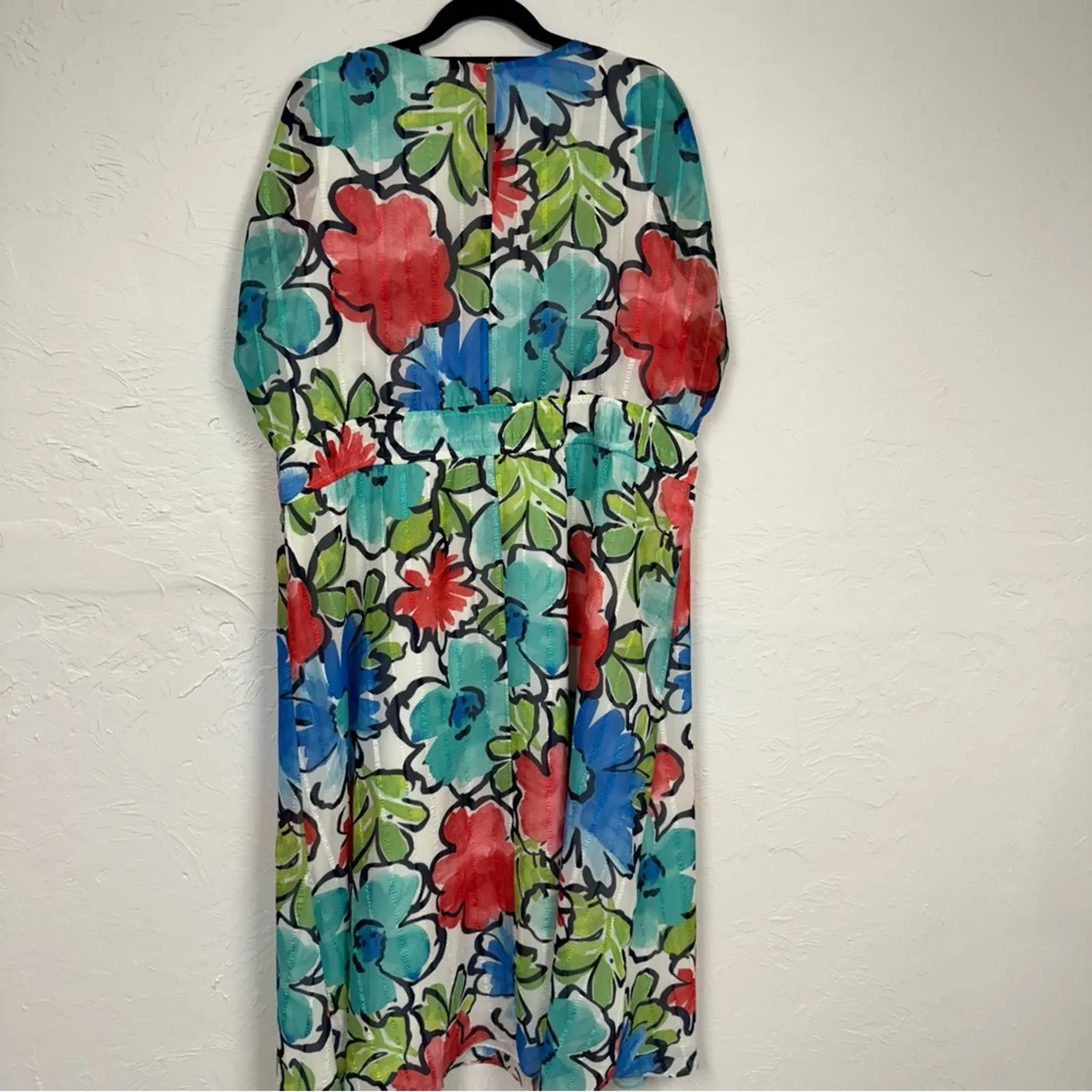 Maggy London Blue Red Floral Print Maxi Dress Womens 18W Boho Casual Eyelet - Image 4