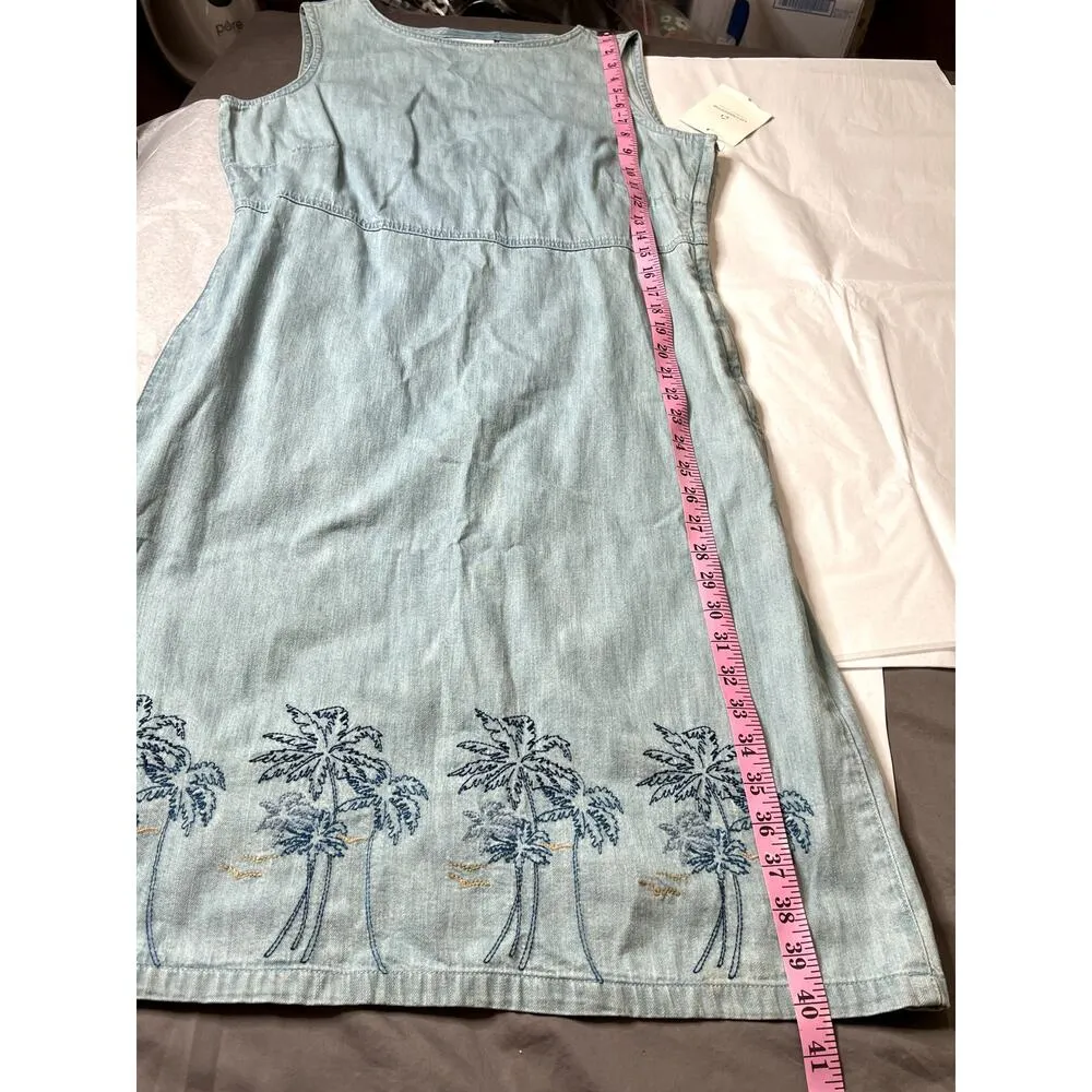 Liz Claiborne dress size 10 denim jumper palm trees embroidery side zip vacation Blue - Image 7