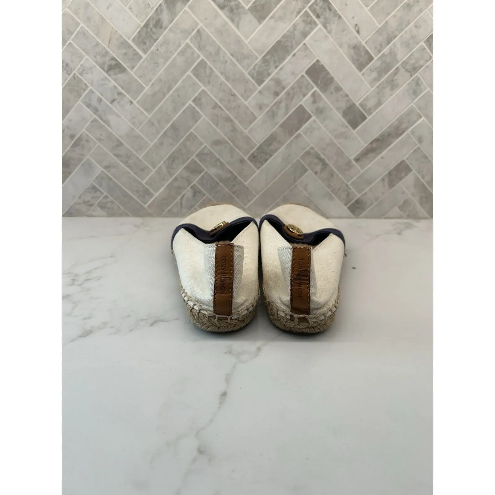 Tory Burch‎ Espadrille Flats Ivory Newport Navy Embellished Canvas Womens Size 8 - Image 3