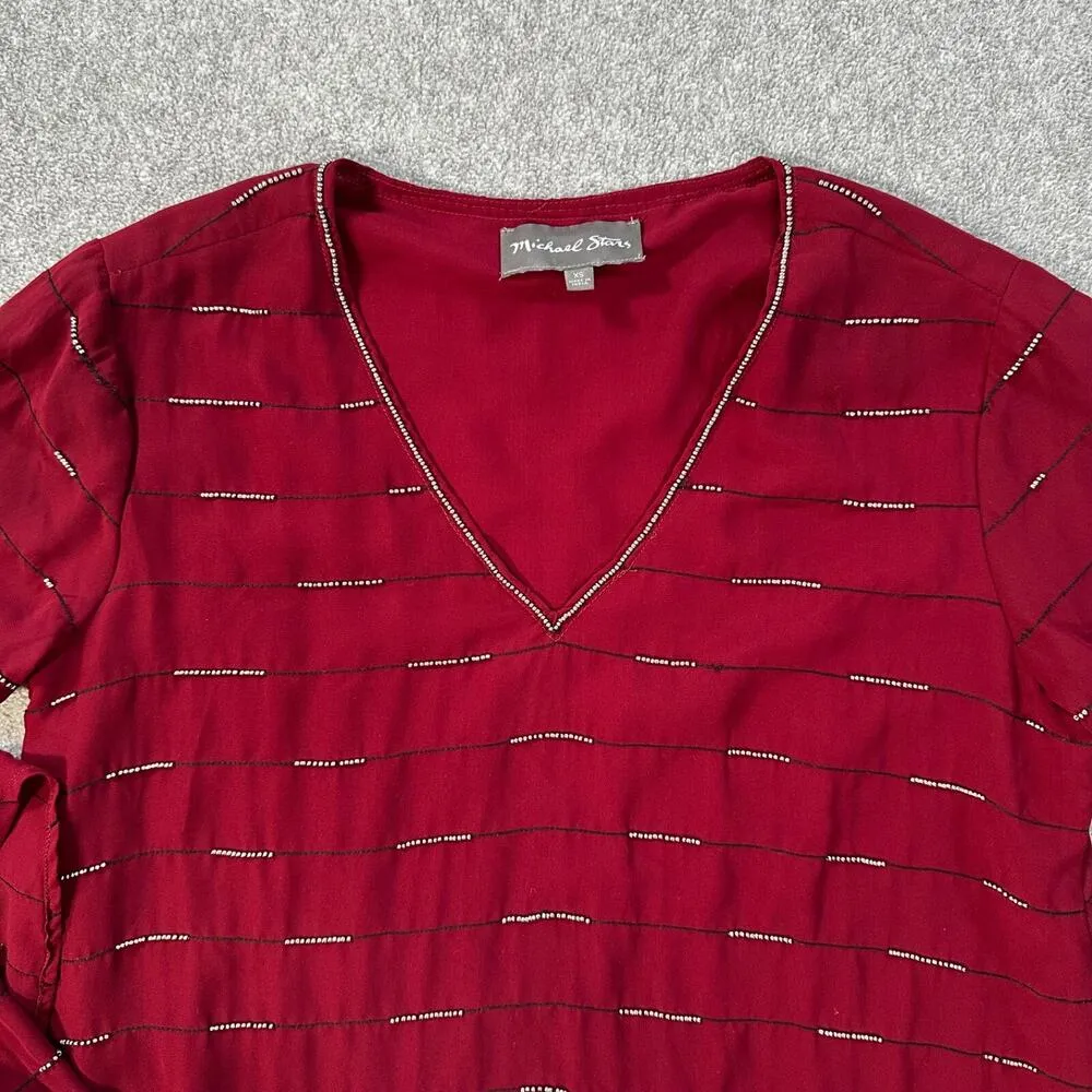 Michael Stars Burgundy Beaded V-Neck Blouse Women's XS Sheer Ruffle Sleeve Top - Image 3