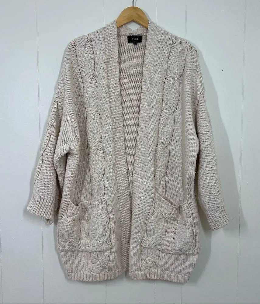 Vici Cream Oversized Heavyweight Chunky Cable Knit Belted Cardigan - Image 2