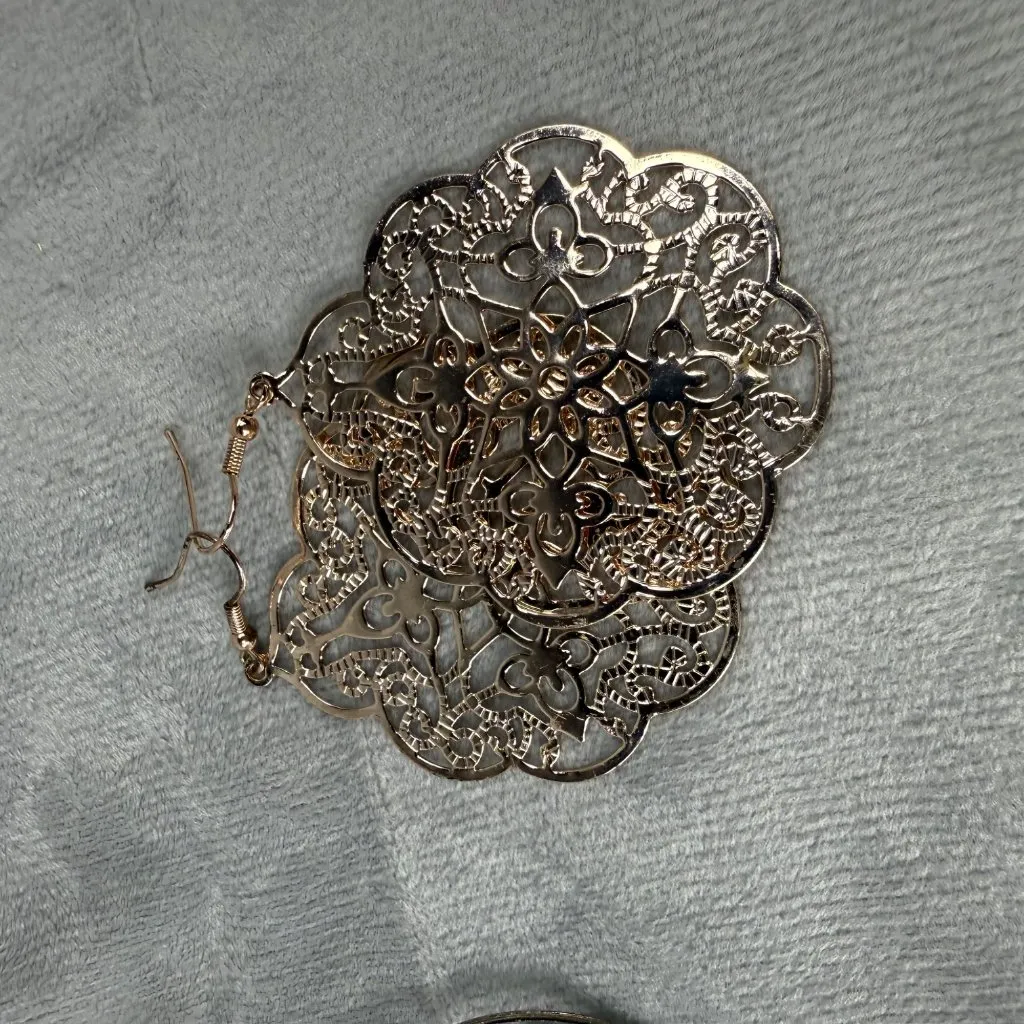 Floral Statement Dangle Earrings 2 Pair Pierced Hooks Silver & Gold - Image 16