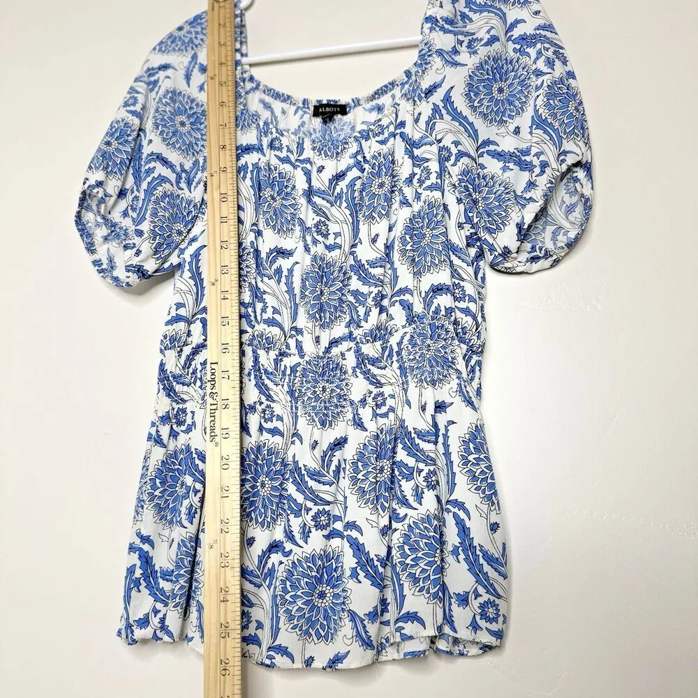 Talbots Blue Floral Peblum Puff Sleeve Blouse Elastic Waist 100% viscose size M - Image 5