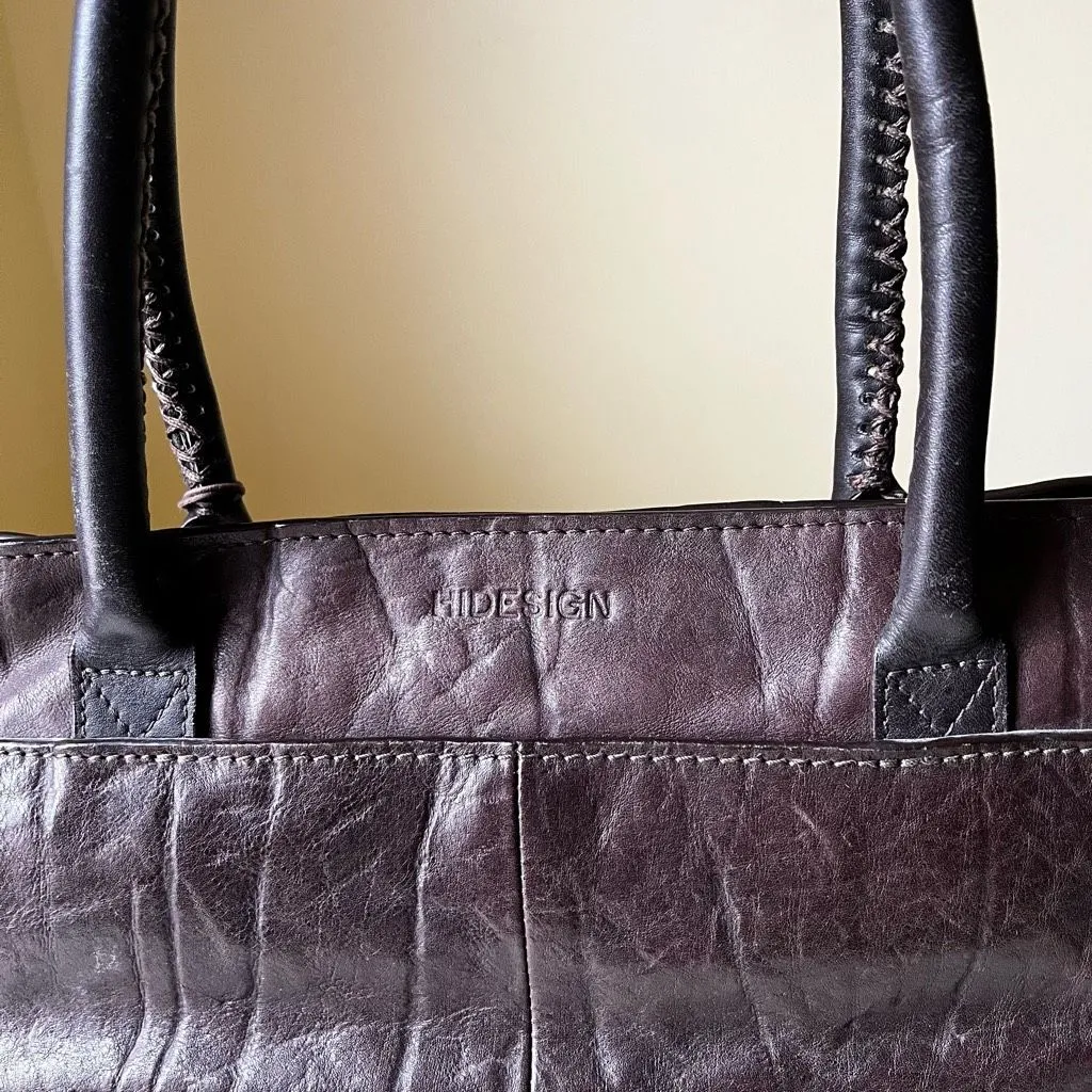 Vintage Hidesign Dark Brown Leather Tote Bag Structured Office Satchel Purse - Image 6