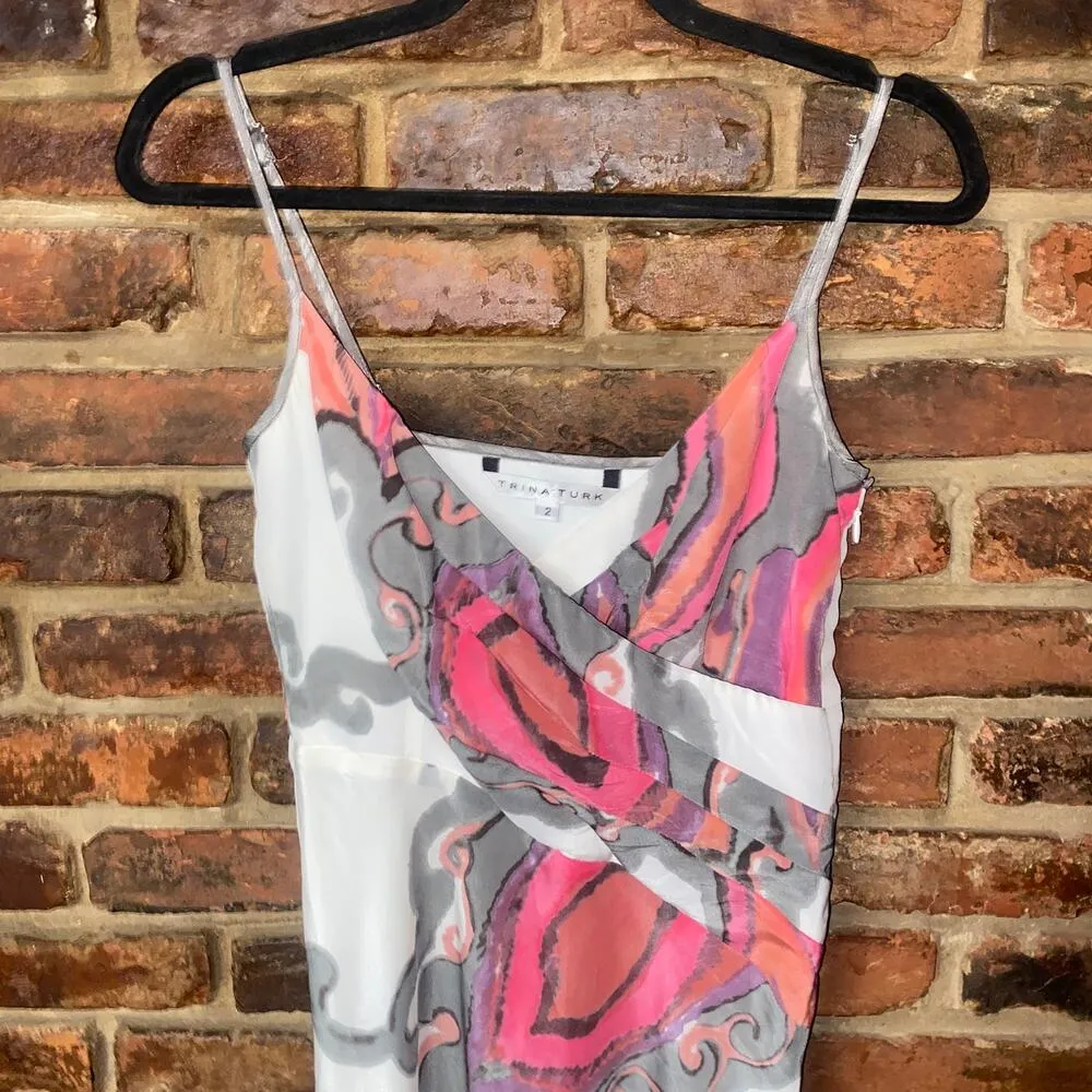 Trina Turk Silk V-Neck Abstract Sleeveless Slip Midi Dress Women's Size 2 - Image 3
