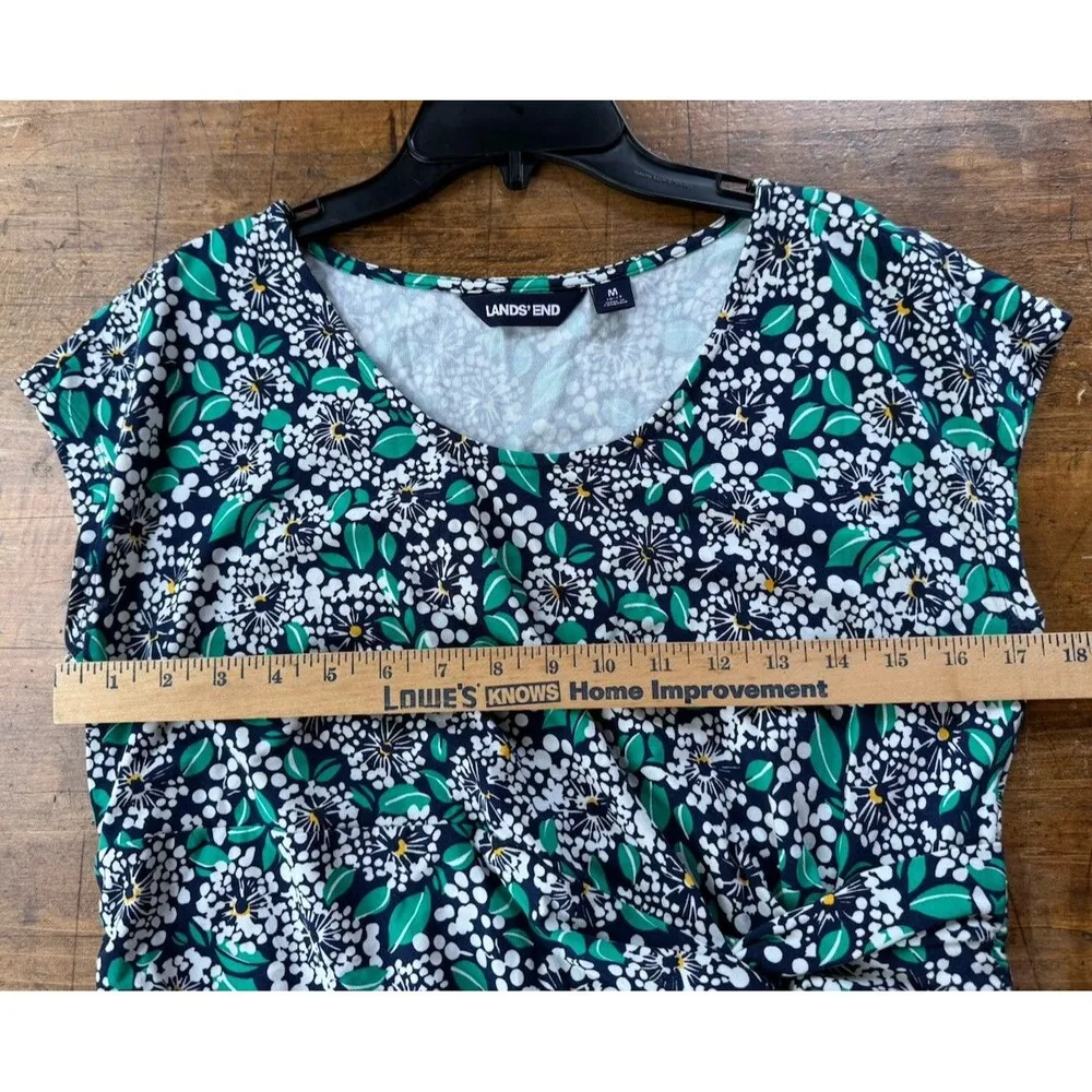 Lands End Floral Cap Sleeve Side Knot Midi Stretch Knit Dress Size Medium Blue - Image 2
