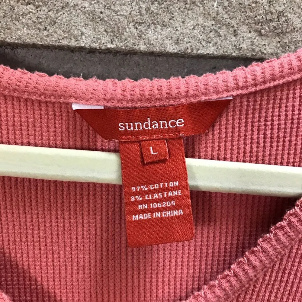 Sundance Waffle Knit Thermal Pocket Henley Long Sleeve Top Large Coral Cotton - Image 3