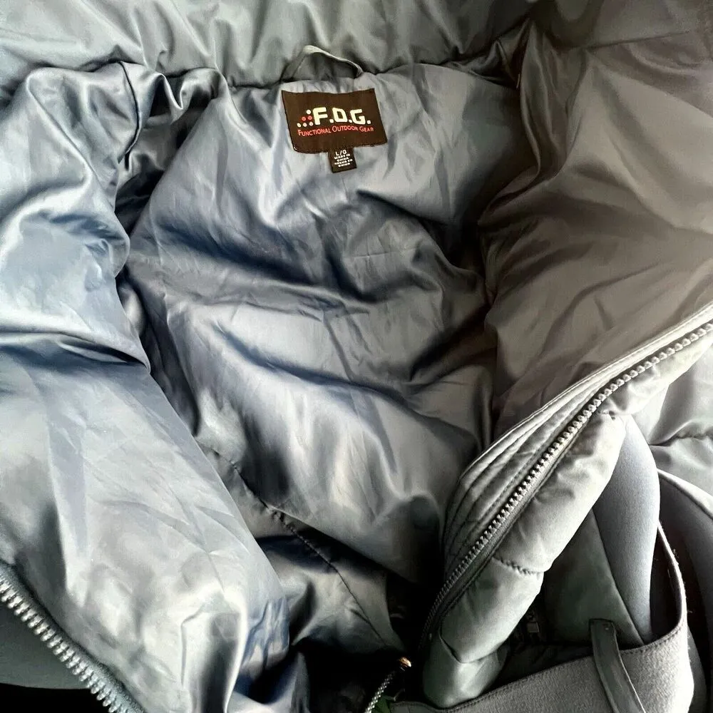 FOG Womens Belted Puffer Coat with Hood Adult Long Sleeve blue size L Size L - Image 7