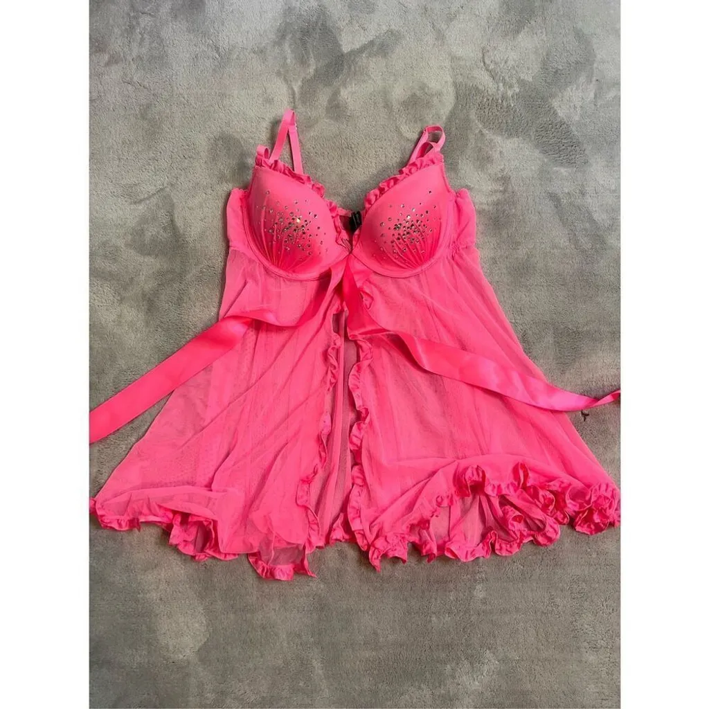 Victorias Secret 36B Babydoll Gown HOT pink Rhinestones - Image 11