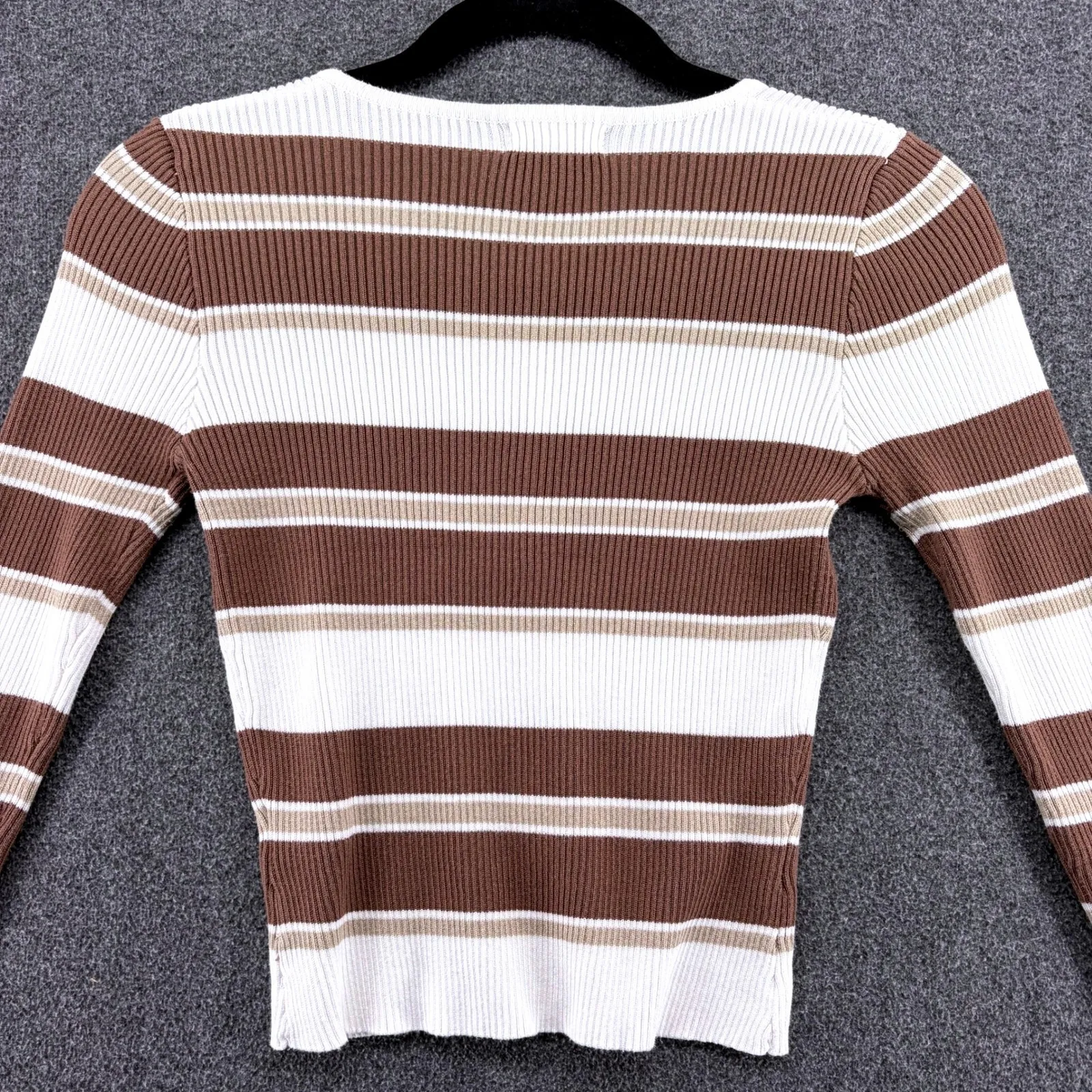 Vtg Y2k 90s Womens Striped Long Sleeve Henley Button Up Knit Top Milk Mesh Small Brown - Image 10