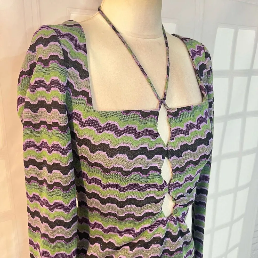 Zara Green Purple Metallic Zigzag Halter Long Sleeve Mini Dress Size Small - Image 2