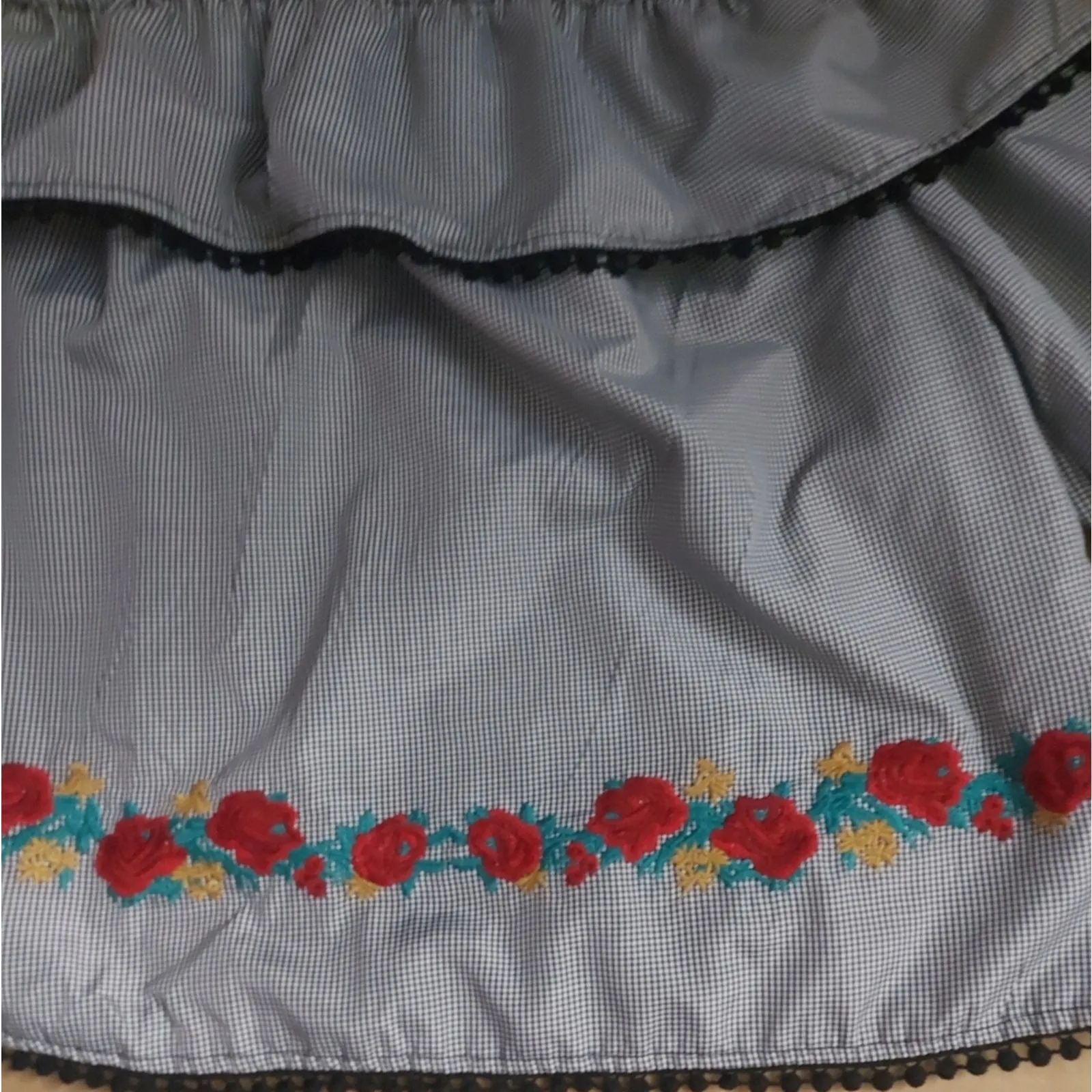 Bleuh Ciel Embroidered Gingham Boho Top Black/White/Red S Balletcore Boho Preppy - Image 7