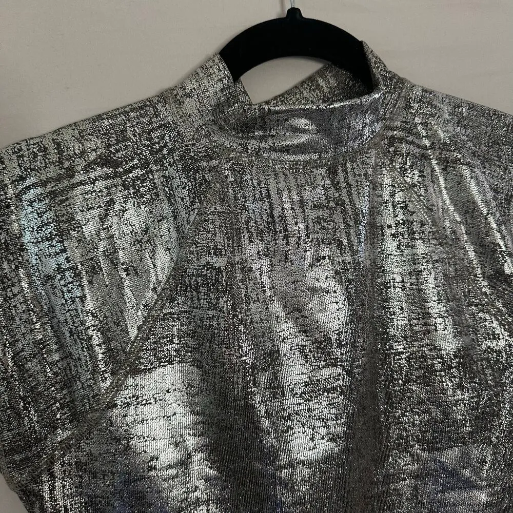Anthropologie Pilcro Cap-Sleeve Mock-Neck Silver Metallic Top XS - Image 6