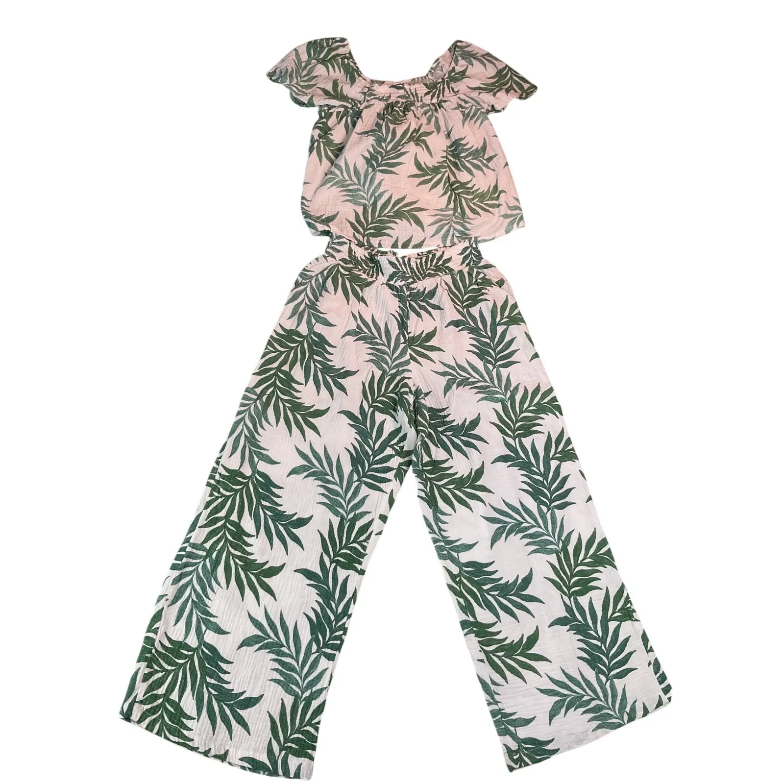 JOYSPLN Women's Tropical Leaf Print Off Shoulder Top Wide Leg Pants Set S White Size undefined - Image 7