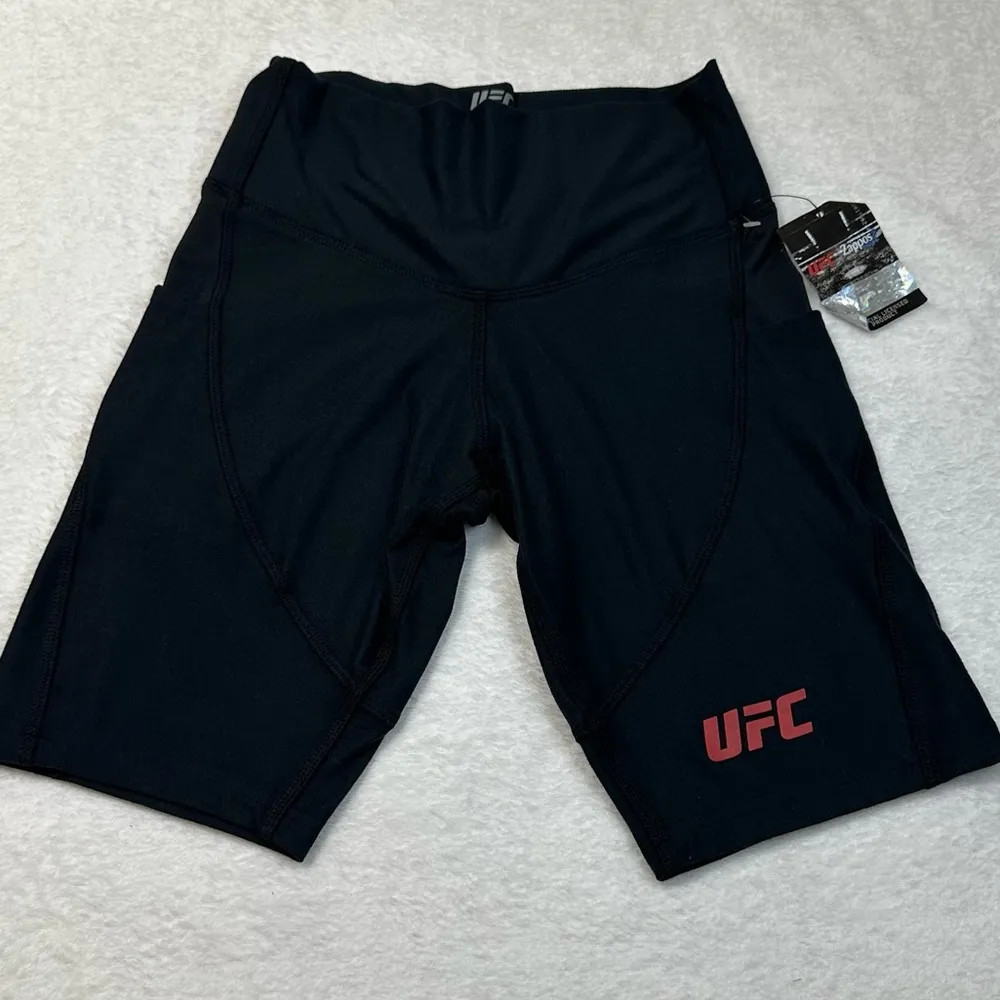 UFC Women's Black Bike Shorts with Red Logo and Side Pockets Size M - Image 6
