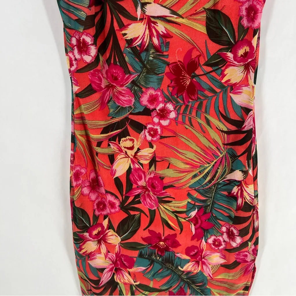 Papaya Coral Green Mesh Tropical Floral Print Spaghetti Strap V-Neck Mini‎ Dress - Image 3