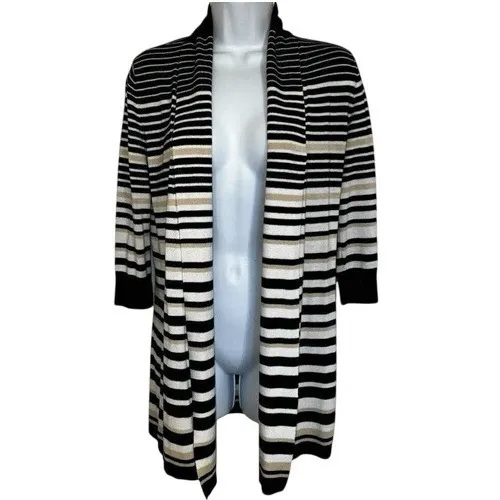 WHITE HOUSE‎ BLACK MARKET Black White Tan 3/4" Sleeve Open Front Cardigan EUC XS - Image 2