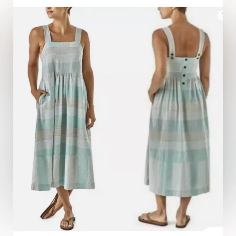 #Patagonia” hemp Stripe Maxi Dress button Back white and blue size xs - Image 2